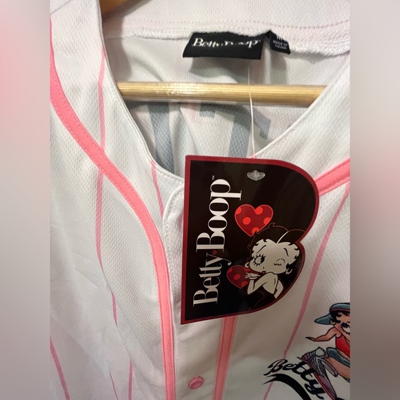 Betty Boop Pinstripe Button Up Baseball Jersey Pink White Stripe Medium NEW - Picture 3 of 5